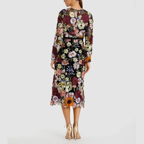 $598 Mac Duggal Womens High Neck Black Floral Embroidery Long Sleeve Midi Dress - Picture 6 of 6